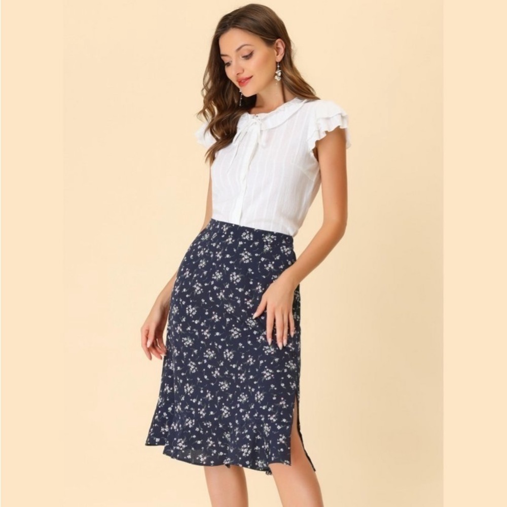 Allegra K Women's Ruffle Hem Elastic Back
Button Split Floral Midi Skirt